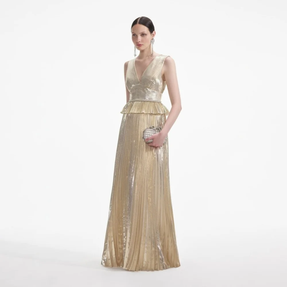 Self-Portrait Gold Metallic V-Neck Maxi Dress - Picture 2 of 10